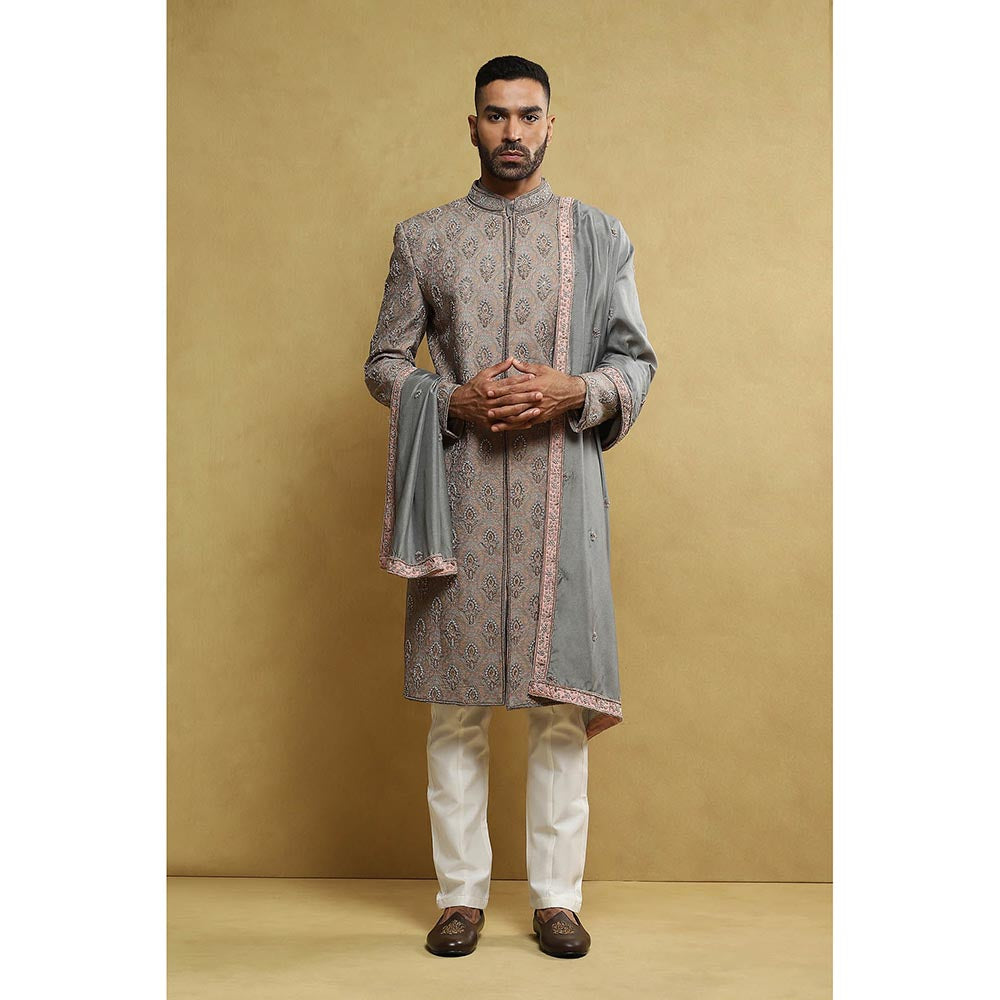 Soniya G Grey Sherwani and Kurta with Pant and Dupatta (Set of 4)
