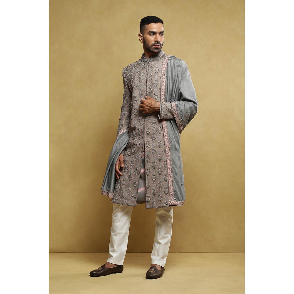 Soniya G Grey Sherwani and Kurta with Pant and Dupatta (Set of 4)