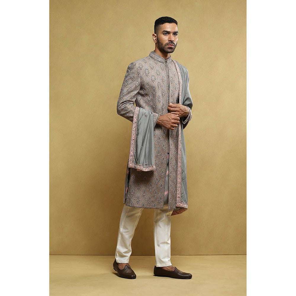 Soniya G Grey Sherwani and Kurta with Pant and Dupatta (Set of 4)