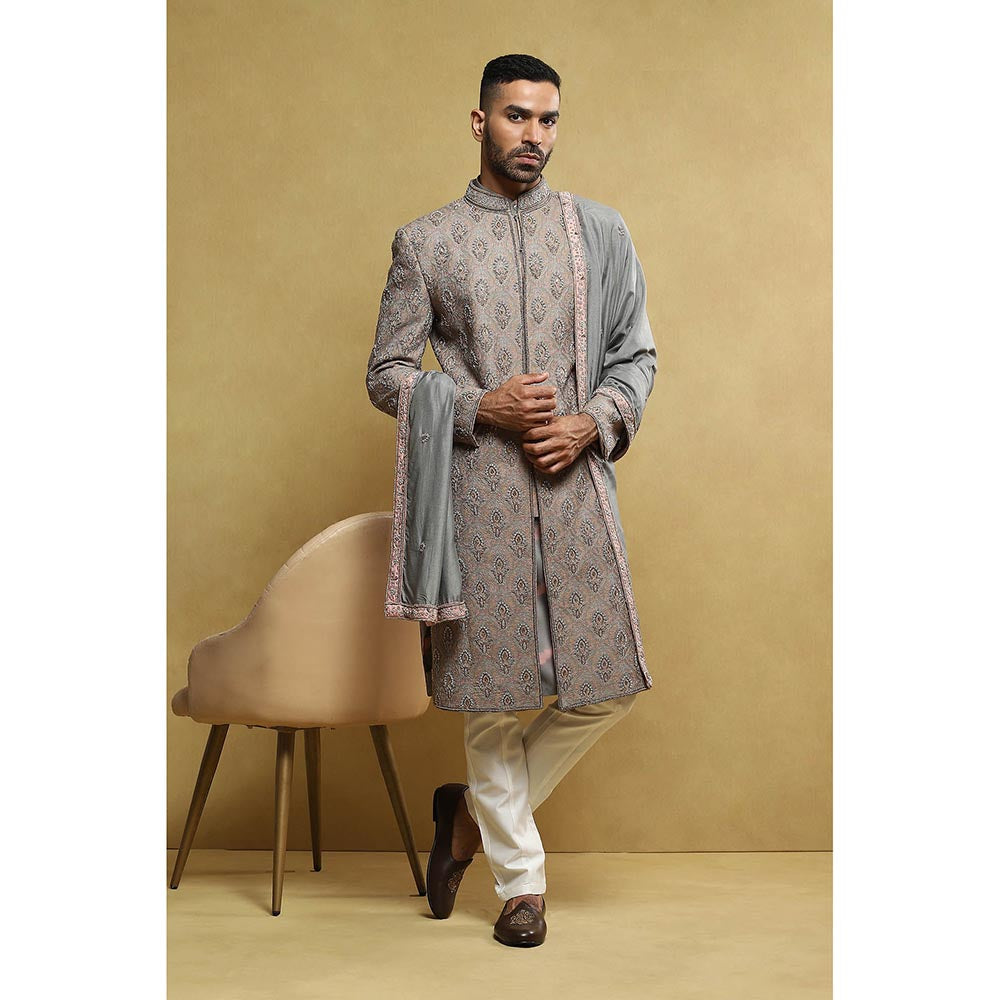 Soniya G Grey Sherwani and Kurta with Pant and Dupatta (Set of 4)