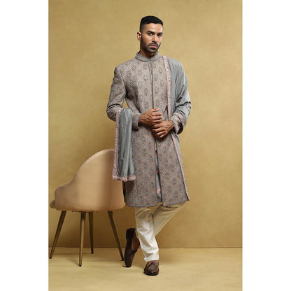 Soniya G Grey Sherwani and Kurta with Pant and Dupatta (Set of 4)