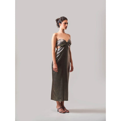 SOTBELLA Metallic Sweetheart Neck Line Cut-Out Body Con Dress