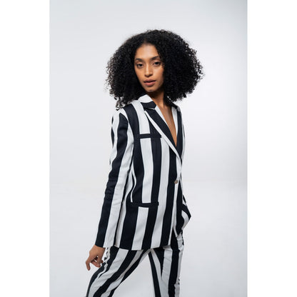 SOTBELLA White and Black Stripe Single Breasted Blazer