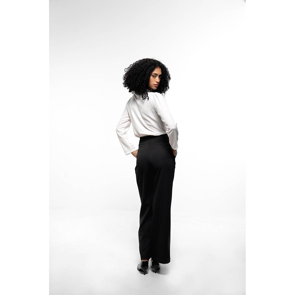 SOTBELLA Elegant White & Black Ruffle Neck Shirt and Wide Leg Pants (Set of 2)