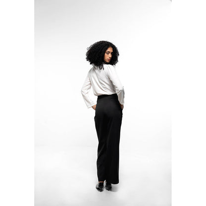 SOTBELLA Elegant White & Black Ruffle Neck Shirt and Wide Leg Pants (Set of 2)