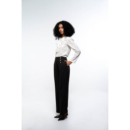 SOTBELLA Elegant White & Black Ruffle Neck Shirt and Wide Leg Pants (Set of 2)