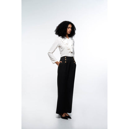 SOTBELLA Elegant White & Black Ruffle Neck Shirt and Wide Leg Pants (Set of 2)
