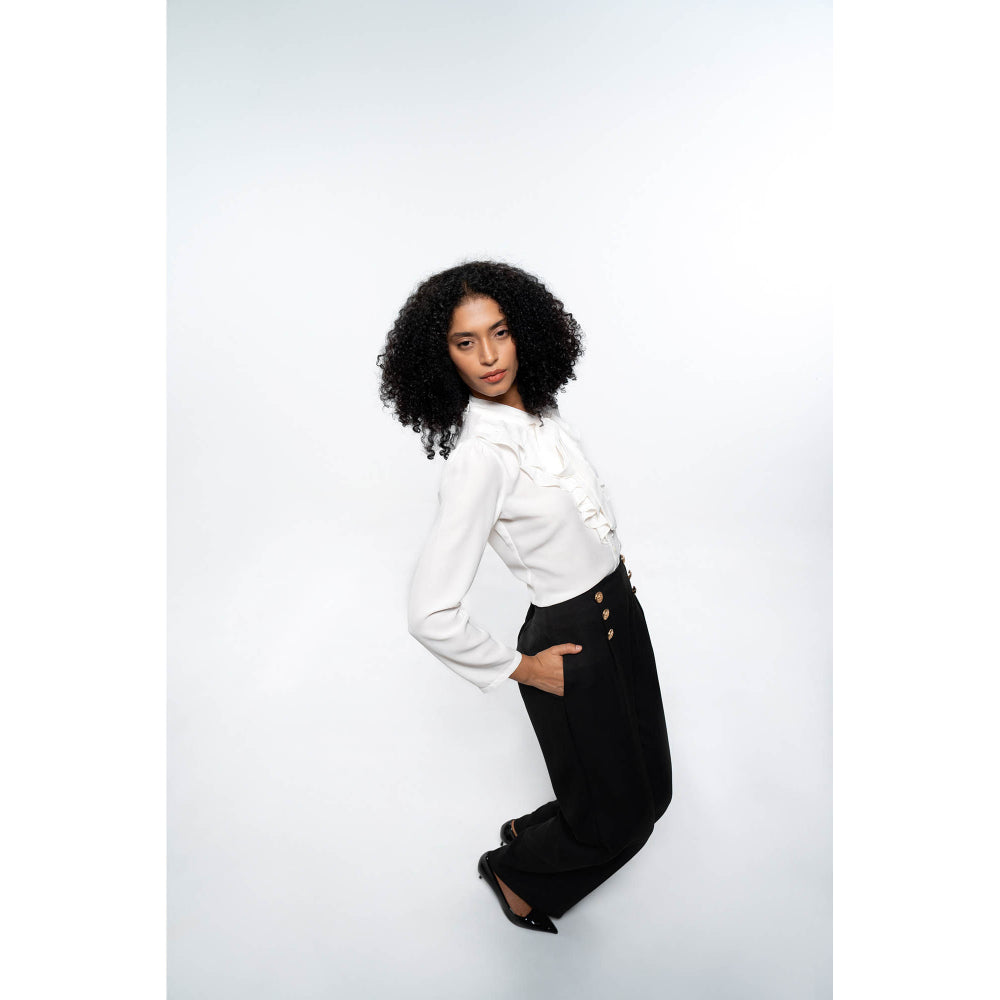 SOTBELLA Elegant White & Black Ruffle Neck Shirt and Wide Leg Pants (Set of 2)