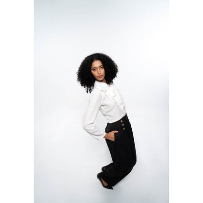 SOTBELLA Elegant White & Black Ruffle Neck Shirt and Wide Leg Pants (Set of 2)