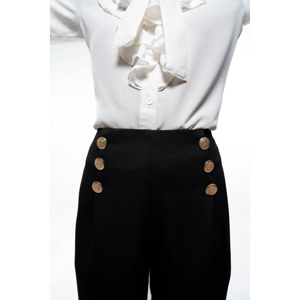 SOTBELLA Elegant White & Black Ruffle Neck Shirt and Wide Leg Pants (Set of 2)