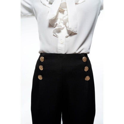 SOTBELLA Elegant White & Black Ruffle Neck Shirt and Wide Leg Pants (Set of 2)