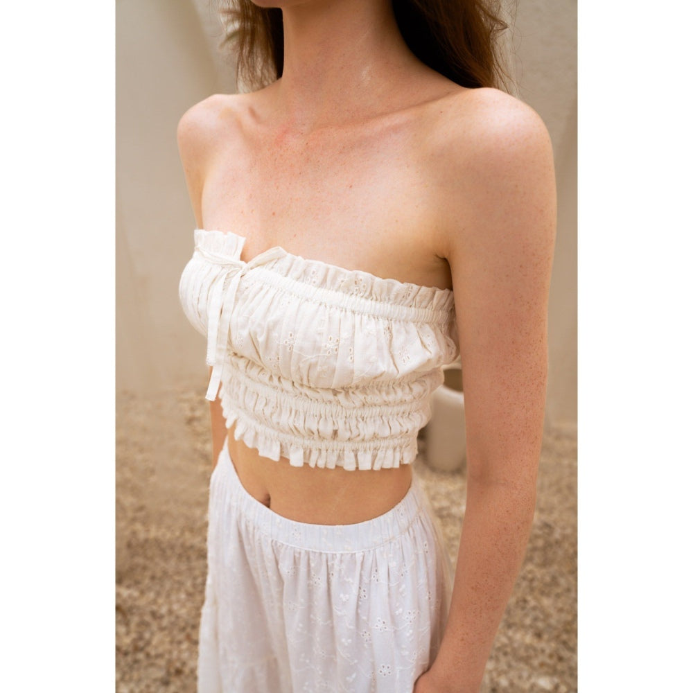 SOTBELLA Dreamy White Self Design Crop Top and Skirt (Set of 2)