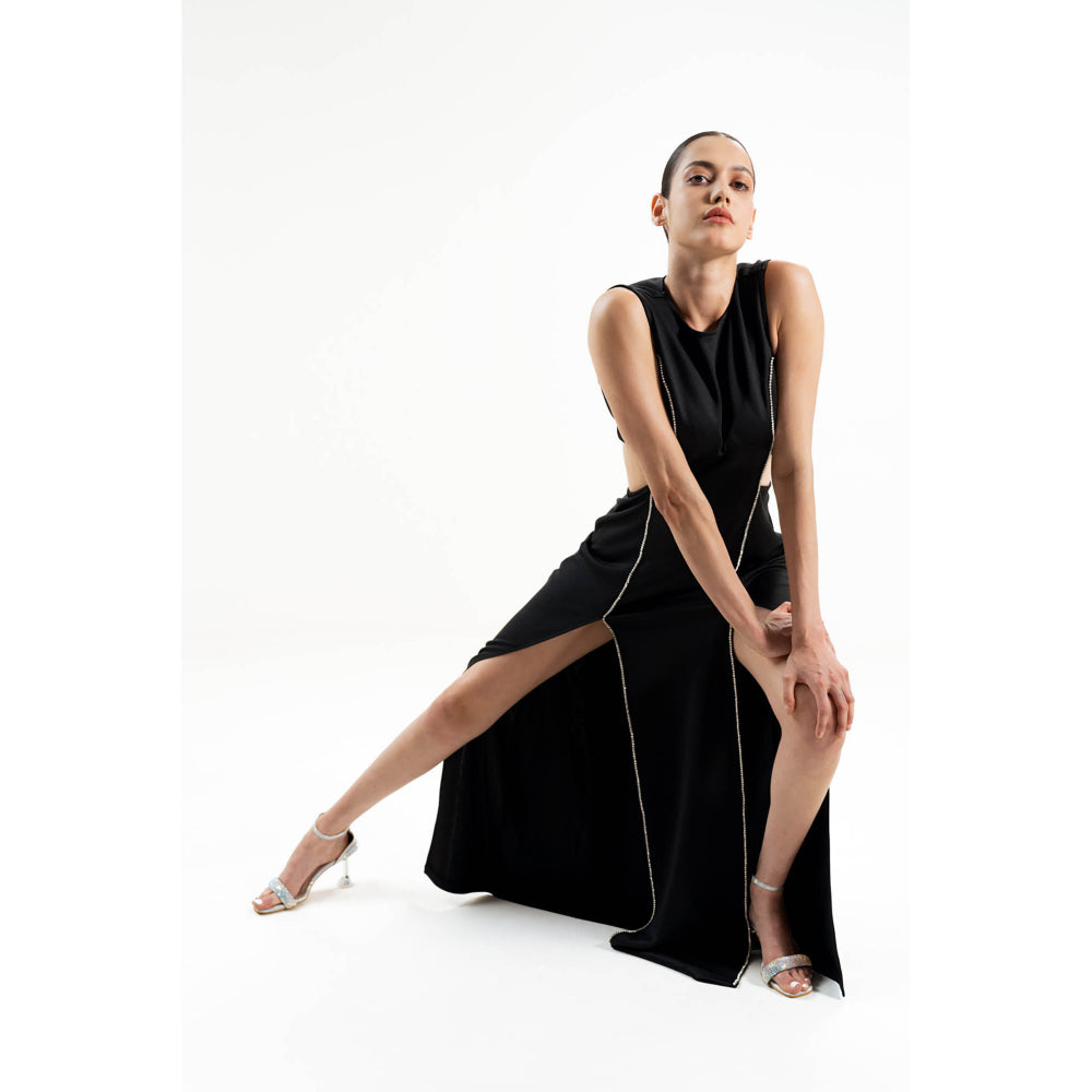 SOTBELLA Black Embellished/Sequined Rhinestone-Detail Maxi Dress