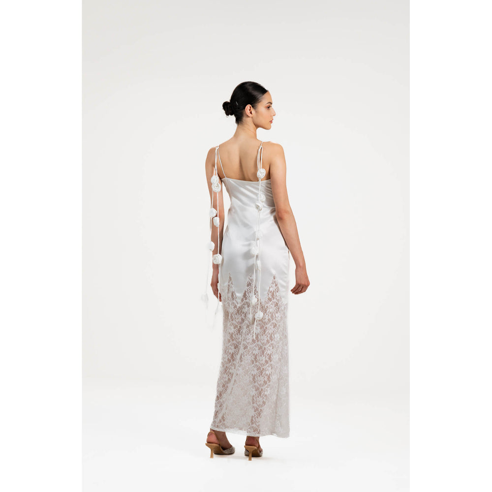 SOTBELLA White Self Design Seashell Pleated Bustier Dress with Rose Detail