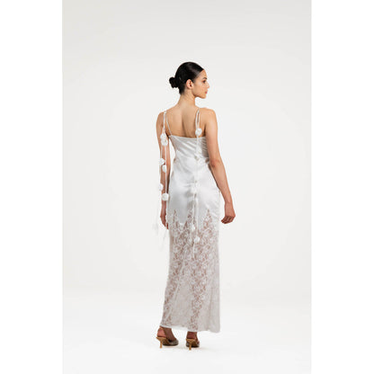 SOTBELLA White Self Design Seashell Pleated Bustier Dress with Rose Detail