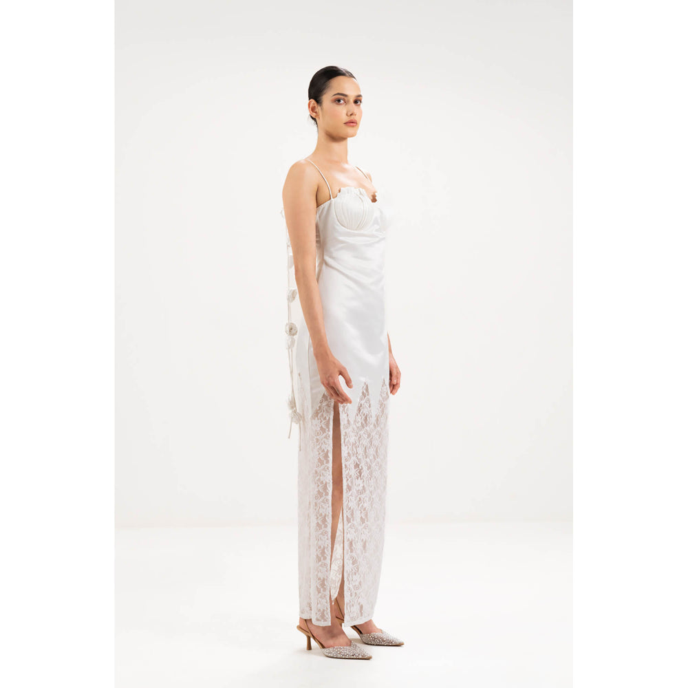 SOTBELLA White Self Design Seashell Pleated Bustier Dress with Rose Detail