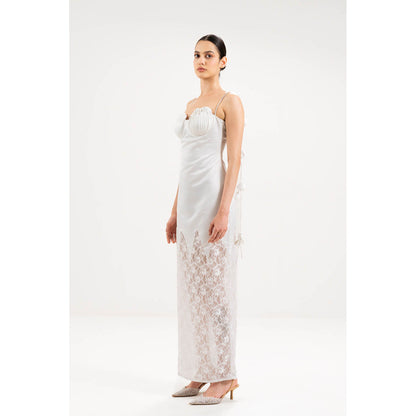 SOTBELLA White Self Design Seashell Pleated Bustier Dress with Rose Detail