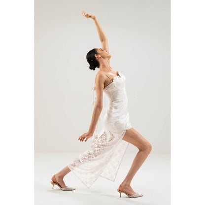 SOTBELLA White Self Design Seashell Pleated Bustier Dress with Rose Detail