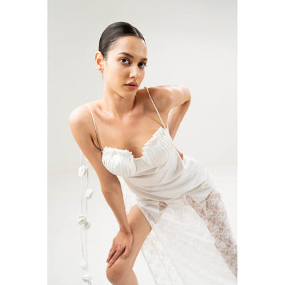 SOTBELLA White Self Design Seashell Pleated Bustier Dress with Rose Detail