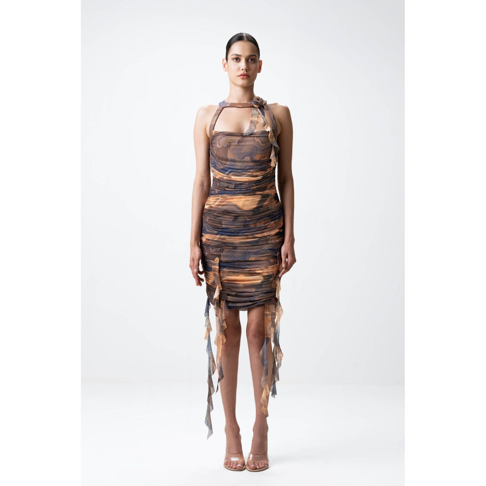 SOTBELLA Brown Printed Ruched Dress with Ruffles