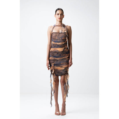 SOTBELLA Brown Printed Ruched Dress with Ruffles