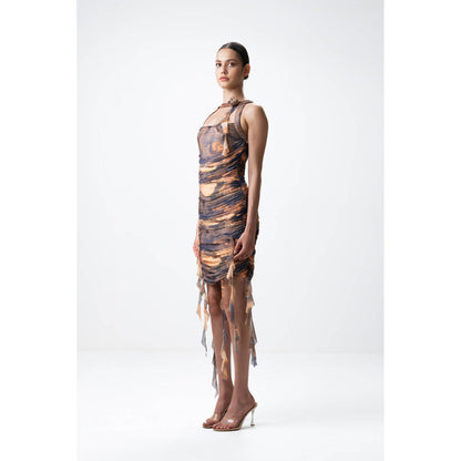 SOTBELLA Brown Printed Ruched Dress with Ruffles