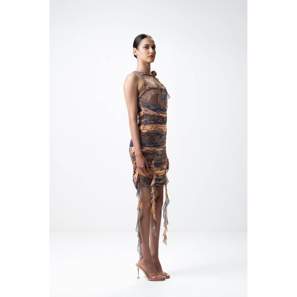 SOTBELLA Brown Printed Ruched Dress with Ruffles