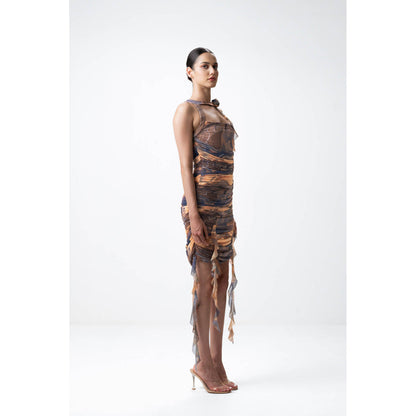 SOTBELLA Brown Printed Ruched Dress with Ruffles