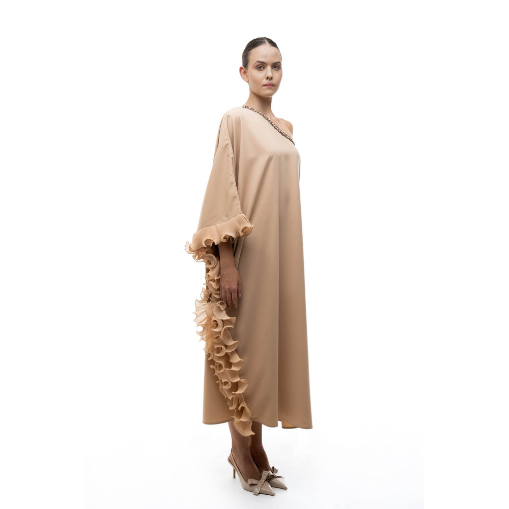 SOTBELLA Beige Embellished/Sequined One Shoulder Kaftan Dress