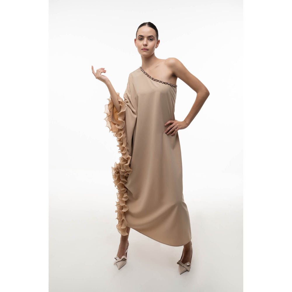 SOTBELLA Beige Embellished/Sequined One Shoulder Kaftan Dress