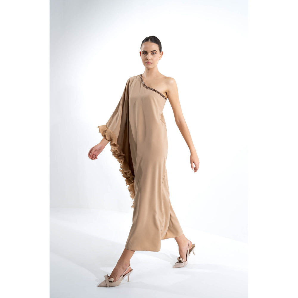SOTBELLA Beige Embellished/Sequined One Shoulder Kaftan Dress