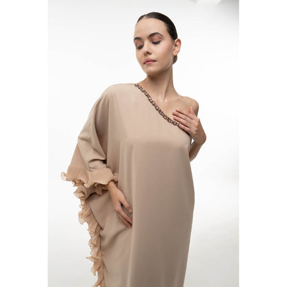 SOTBELLA Beige Embellished/Sequined One Shoulder Kaftan Dress