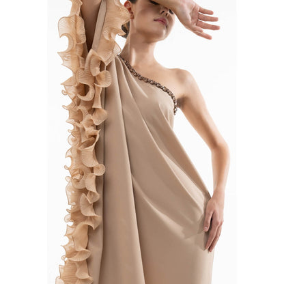 SOTBELLA Beige Embellished/Sequined One Shoulder Kaftan Dress