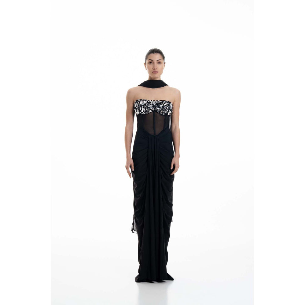 SOTBELLA Midnight Corseted Drape Dress With Dupatta (Set of 2)