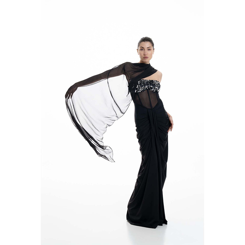 SOTBELLA Midnight Corseted Drape Dress With Dupatta (Set of 2)