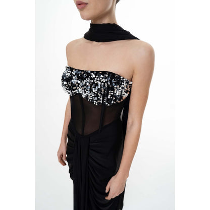 SOTBELLA Midnight Corseted Drape Dress With Dupatta (Set of 2)
