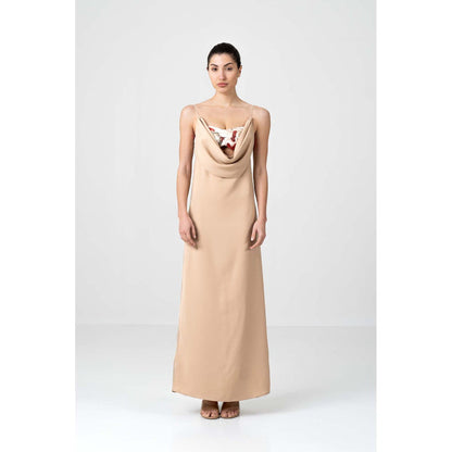 SOTBELLA Sequin Bralette Beige Cowl Drape Dress