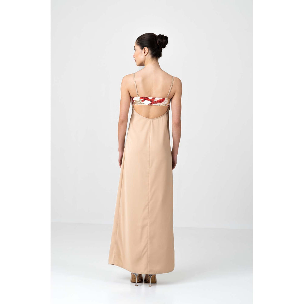 SOTBELLA Sequin Bralette Beige Cowl Drape Dress