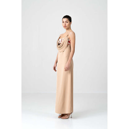 SOTBELLA Sequin Bralette Beige Cowl Drape Dress