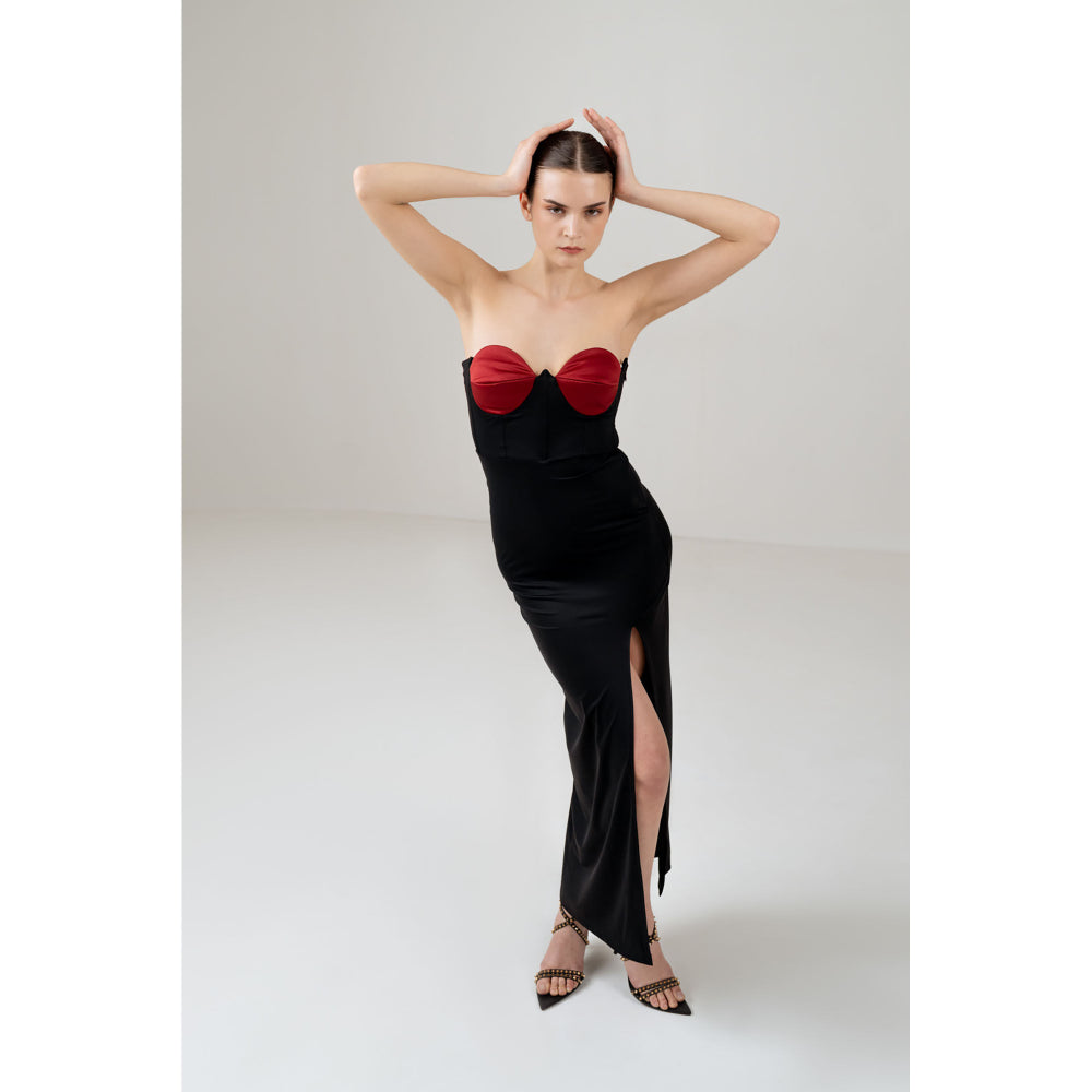 SOTBELLA Black Love Bustier Corset Front Slit Dress