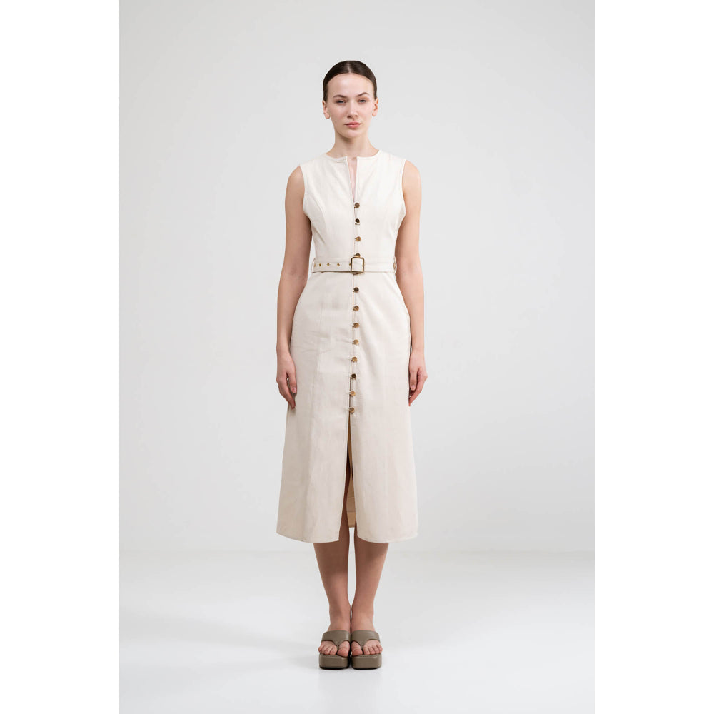 SOTBELLA A-Line Button Up Beige Dress With Belt (Set of 2)