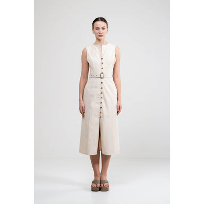 SOTBELLA A-Line Button Up Beige Dress With Belt (Set of 2)