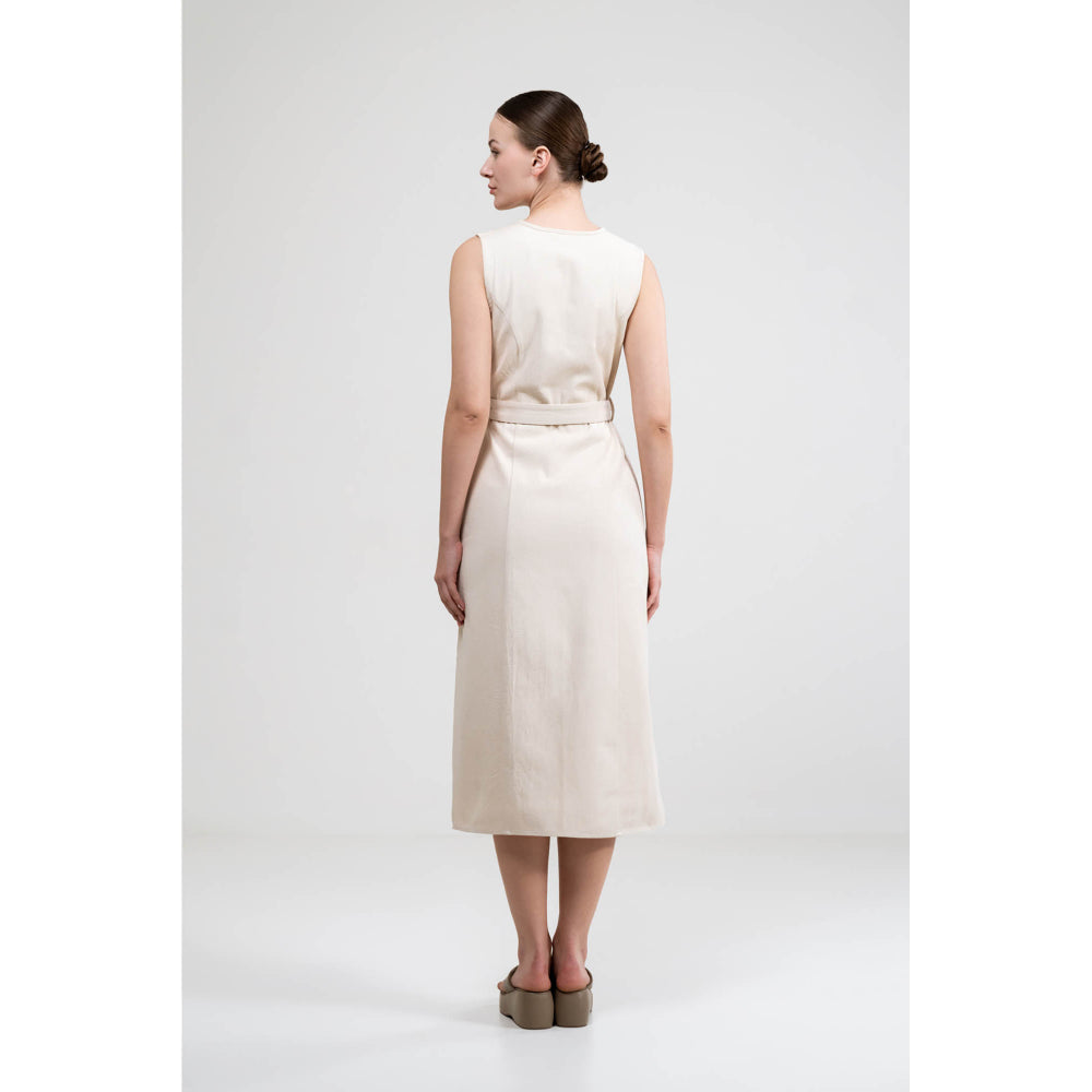 SOTBELLA A-Line Button Up Beige Dress With Belt (Set of 2)