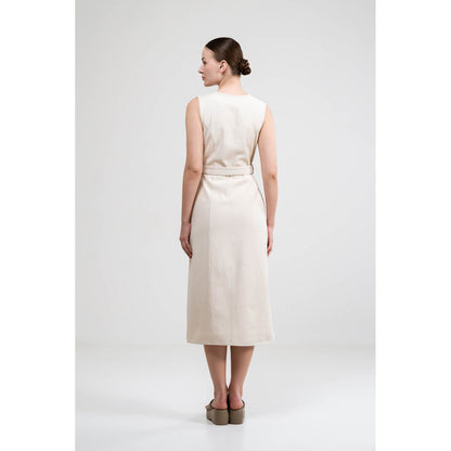 SOTBELLA A-Line Button Up Beige Dress With Belt (Set of 2)