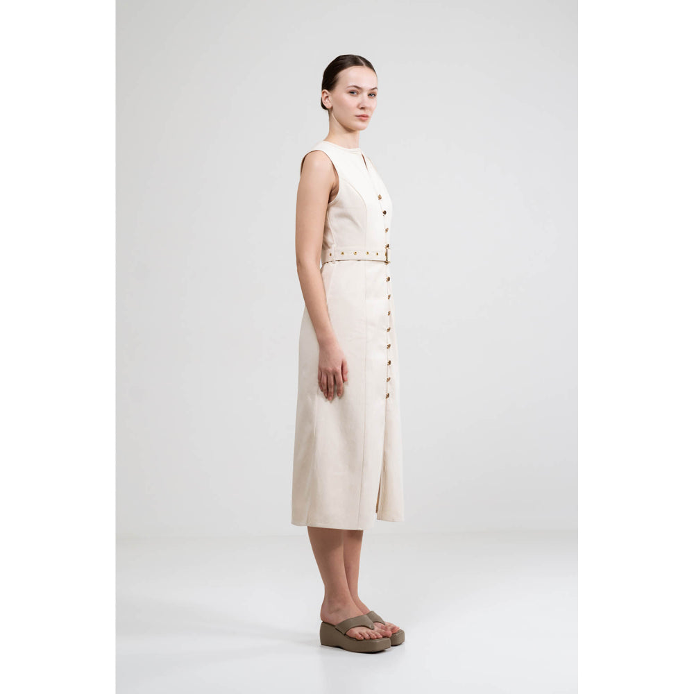 SOTBELLA A-Line Button Up Beige Dress With Belt (Set of 2)