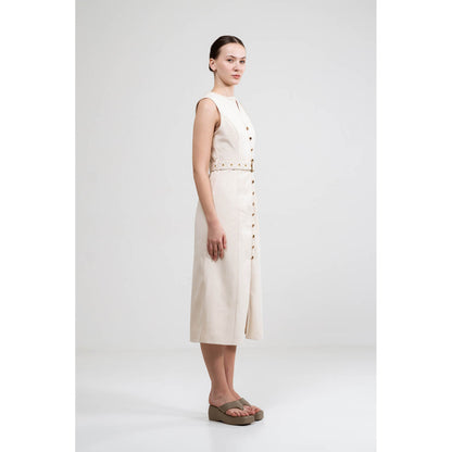 SOTBELLA A-Line Button Up Beige Dress With Belt (Set of 2)