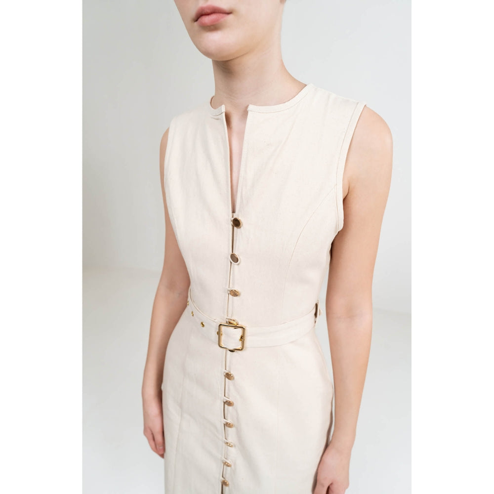 SOTBELLA A-Line Button Up Beige Dress With Belt (Set of 2)