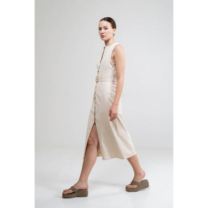 SOTBELLA A-Line Button Up Beige Dress With Belt (Set of 2)