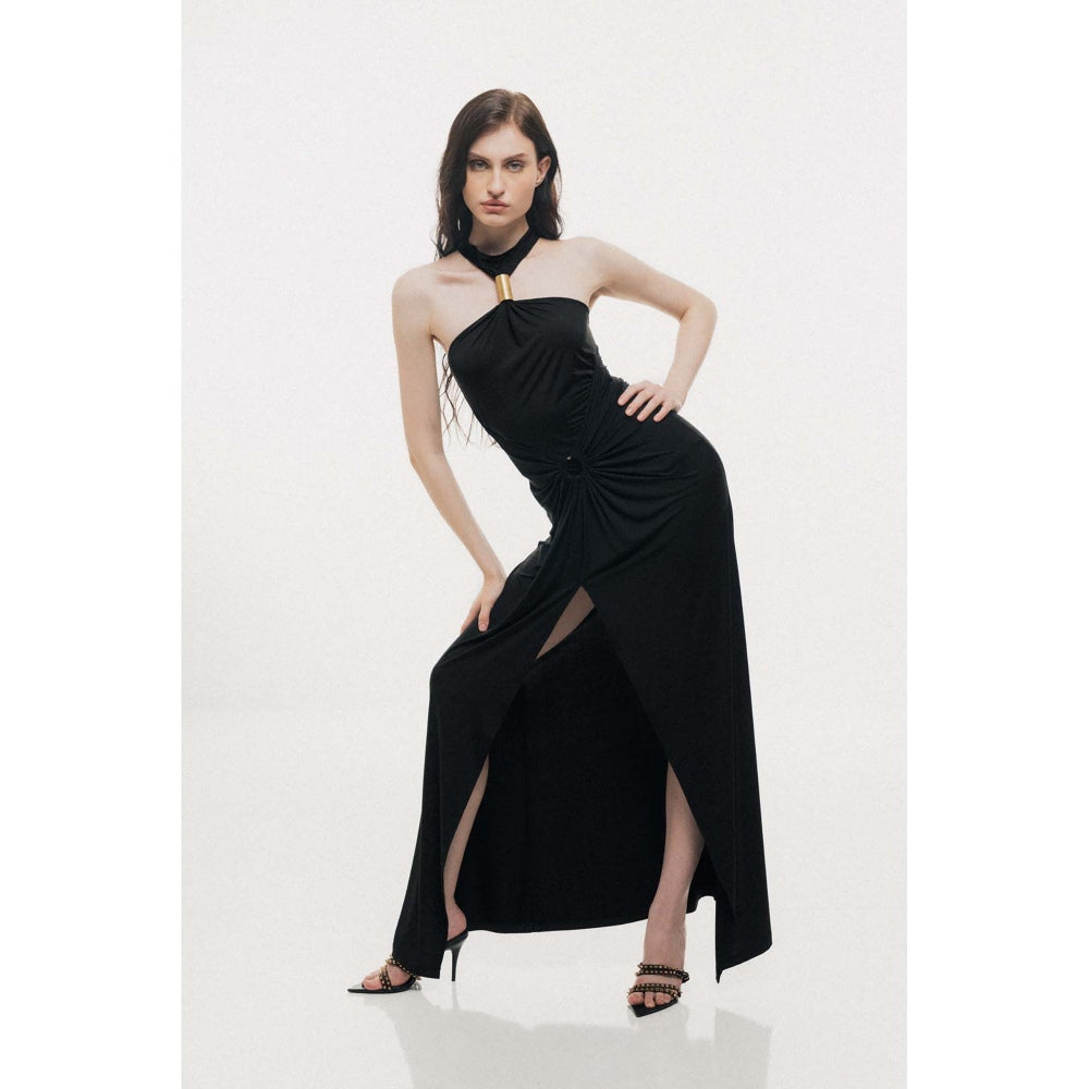 SOTBELLA Golden Cylindrical Ring Detail Bodycon Maxi Dress