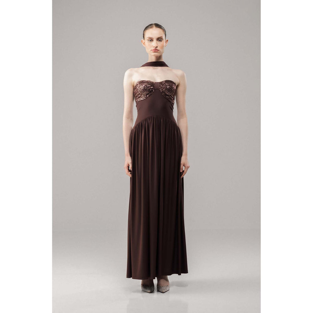 SOTBELLA Glow Brown Sequin Flared Maxi Dress